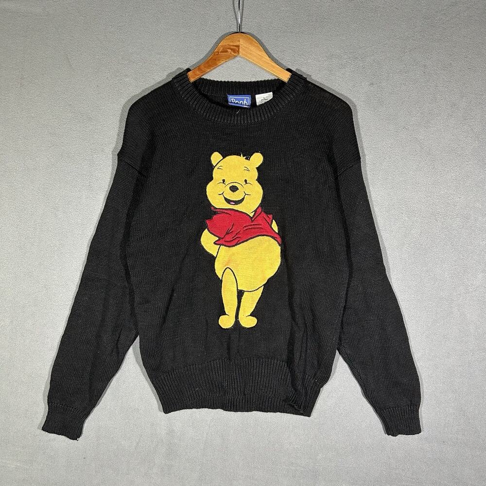 Vintage Winnie the Pooh Knit Sweatshirt Women Large Black L Disney Graphic Y2K